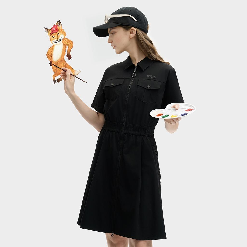 Fila Original Fashionable Comfortable Versatile Casual Short Sleeve Dress Women Dresses Black F11W529301F-BK