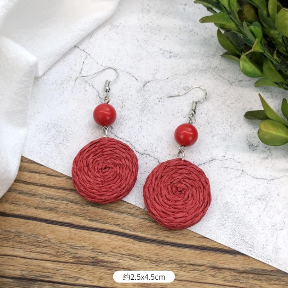 Vintage Mori Grass and Rattan Woven Handmade Earrings Bohemian Vacation Style Stud Earrings Female Ethnic Style Summer Ear Jewelry