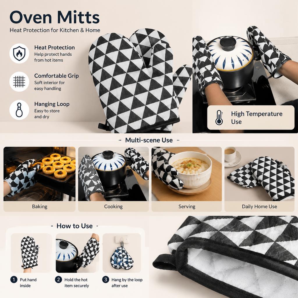 Oven Mitts Black White Geometric Triangle Pattern with Hanging Loops for Baking Cooking Serving and Daily Kitchen Use