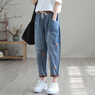 Podarte dziury Harem Jeansy Streetwear Damskie koreańskie luźne spodnie jeansowe do kostek Design Casual Vaqueros Sznurowane Kot Pantalon