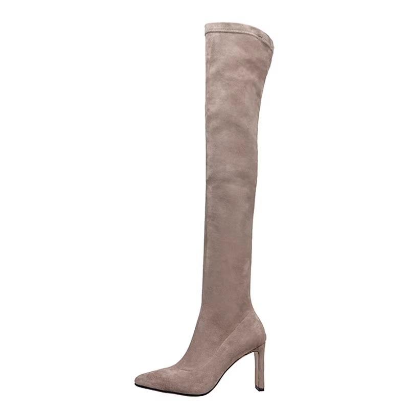 Pointed Over Knee Boots Khaki Suede Socks Boots 2025 All-in-One Boots Ultra High Heel Nude Boots Elastic Boots