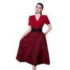 French Spring/Summer 2026 Women's V-Neck Black Bow Tie Jacquard Dress with Waist-Cinching and Wide Hem.