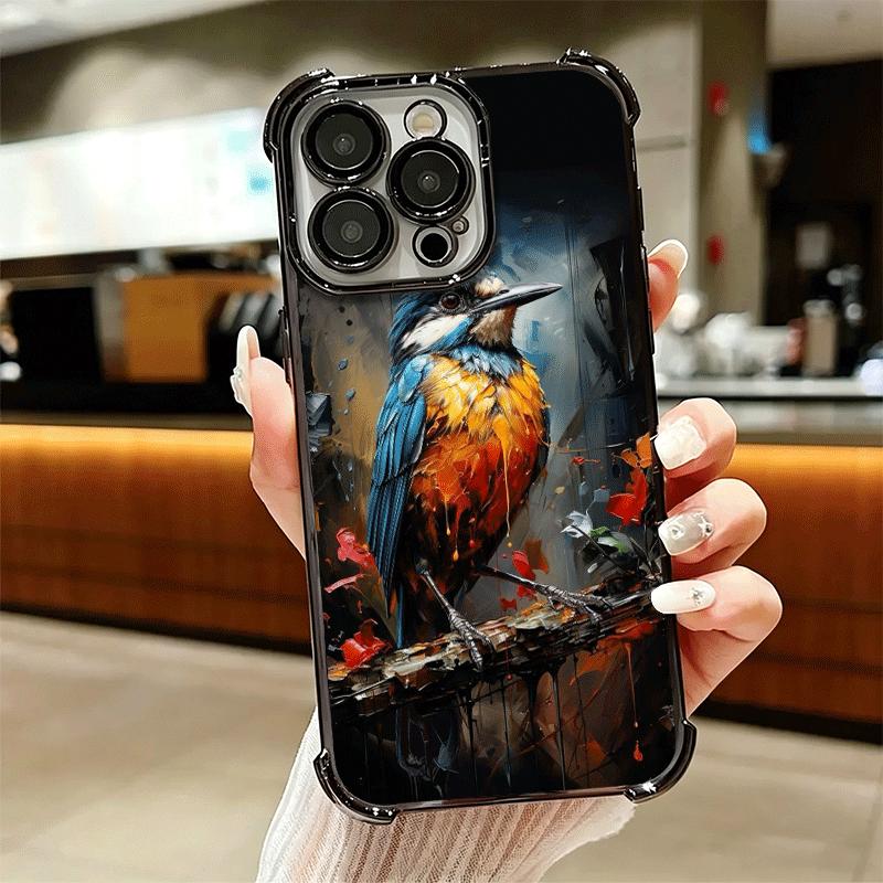 Bird Oil Painting Style Plating Phone Case For Iphone 16 17 Pro Max Air 16E 14 15 Plus 12 13 Mini Anti-Fall Airabag Cover