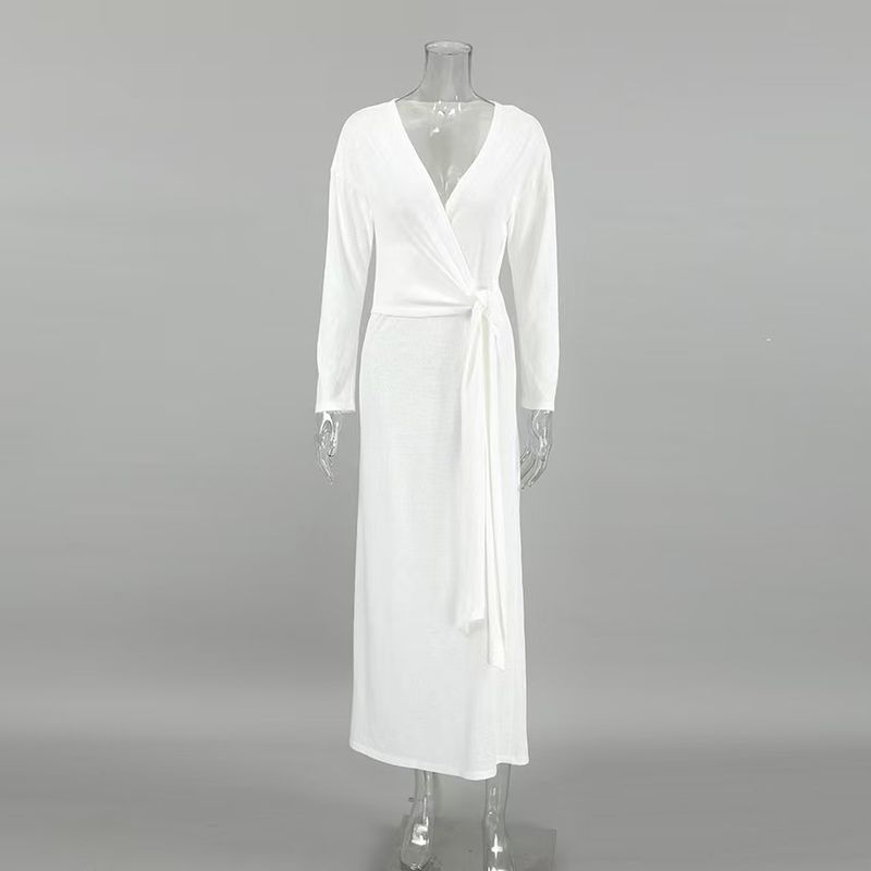 

Fashion Wind New Arrival Fashion Silm Lace-up Long Sleeve V Neck Dress Sexy Long Sleeved Dress White L