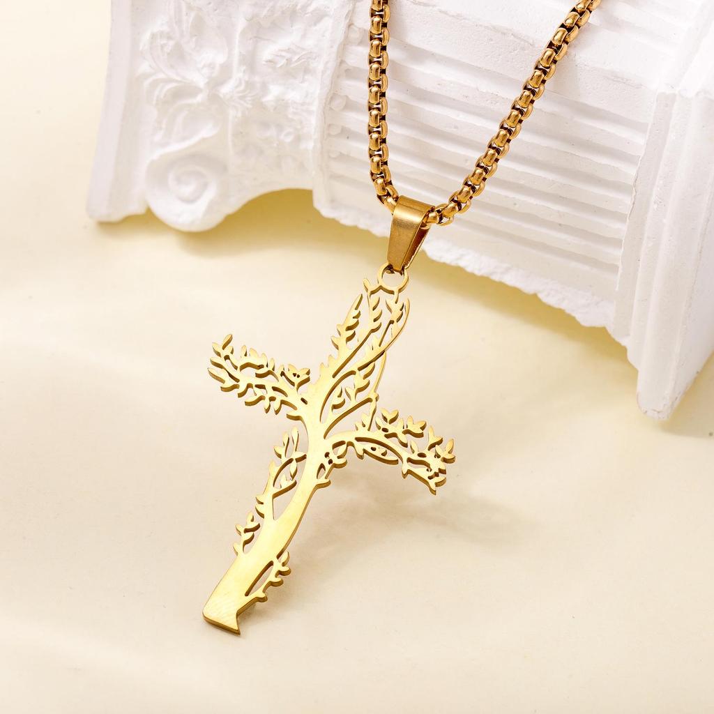 TOHM Titanium Steel Tree of Life Cross Pendant Men's Hip-hop Stainless Steel Necklace