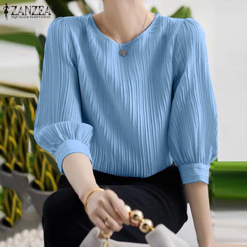 

ZANZEA Женская повседневная летняя блузка с круглым вырезом и короткими рукавами, топы S синий
