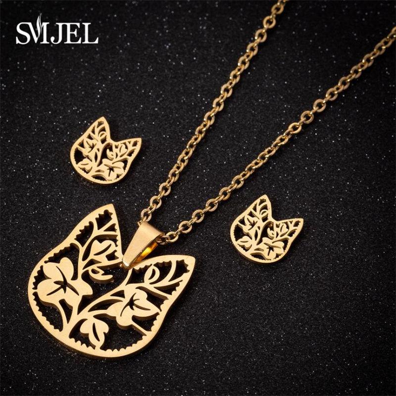 Lovely Gold Color Kitten Cat Stainless Steel Zircon Set Necklaces Men Collares Fashion Hollow Cat Earring Necklace Paw Zircon