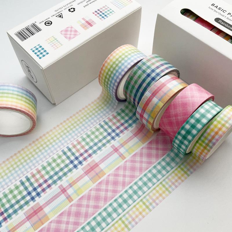 6 Rollen/Box Kawaii Handbuch DIY Karomuster Washi Tape Masking Tape Papier Geschenk Dekorationsmaterial 6 Farben in einer Box 5 Meter pro Rolle