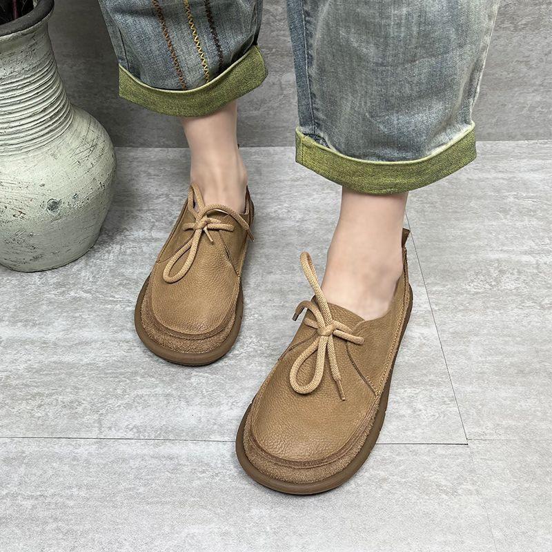 Spring and Autumn Woman's Handmade Soft Sole Casual Flats Women Shoes Round Toe Shallow Soft Sole Loafers Retro Solid Color Shoes