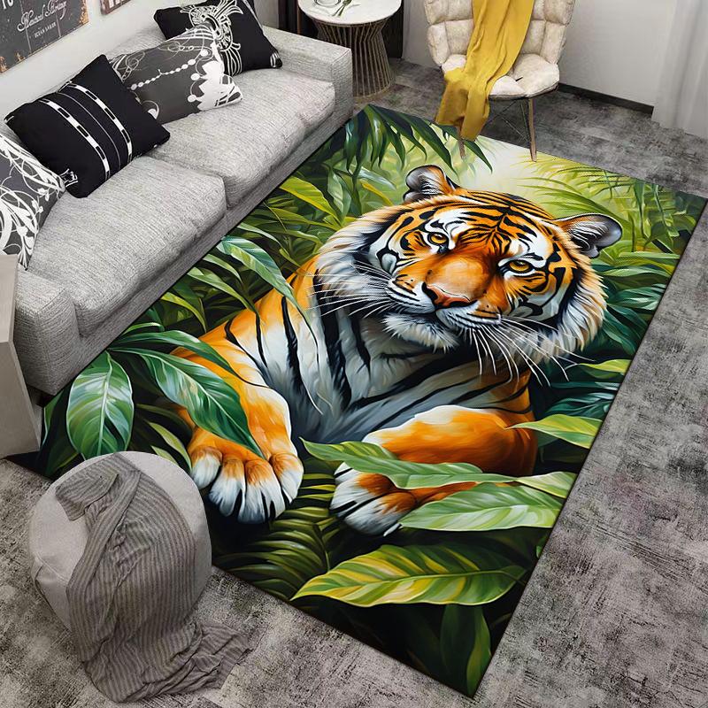 Tiger Print Carpet with Jungle Leaves Pattern for Home Decoration Suitable for use as an anti-slip for living room bedroom sofas