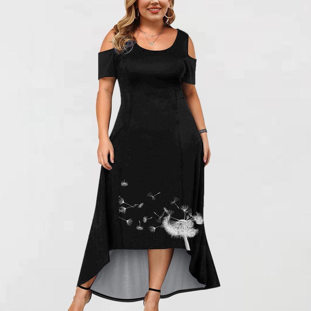 Damenkleid in großer Größe mit kurzen Ärmeln, modischem Druck, Rundhalsausschnitt, trägerlos und unregelmäßigem Saum