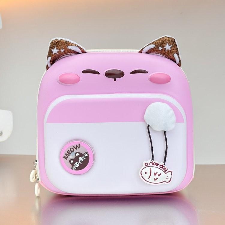 Blocked Color Cute Cartoon Cat Pattern Children Hard Shell Square Backpack