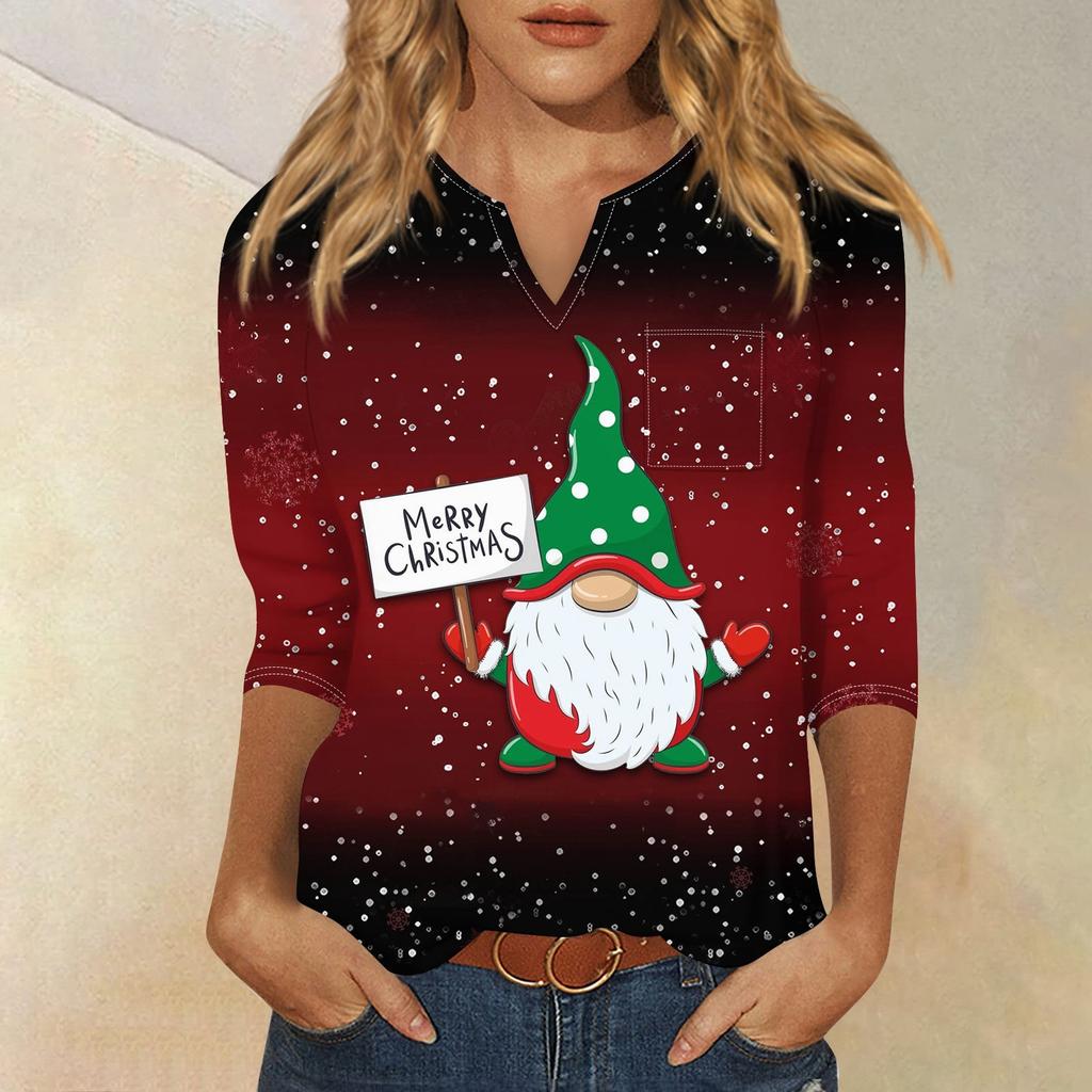 Seven Inch Sleeve Women's Top Printed Retro Fashion Casual Loose V-neck Shirt Christmas