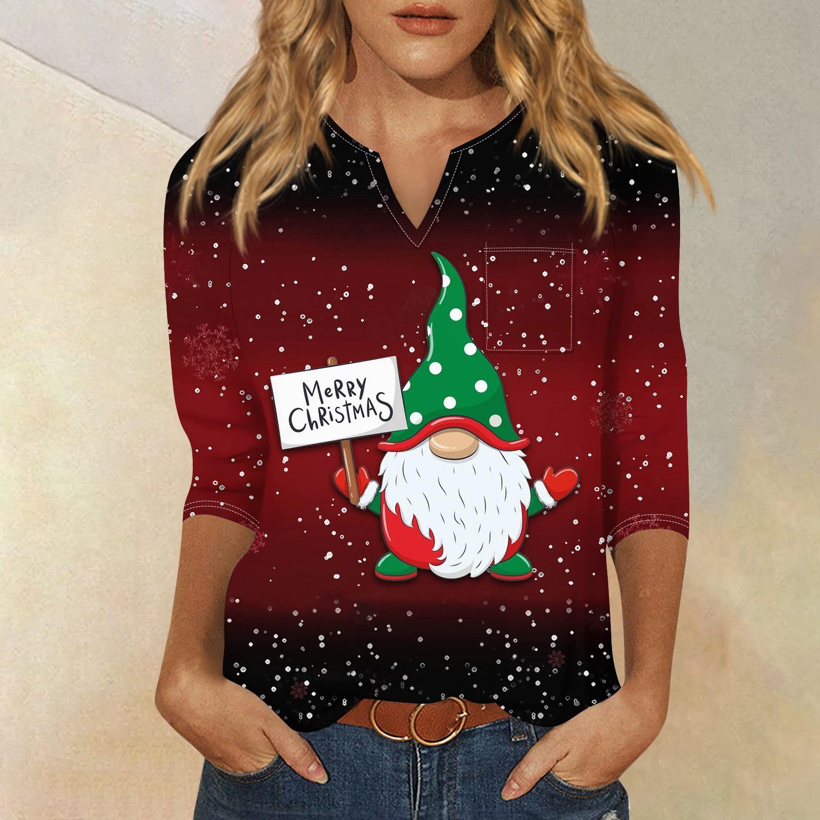 

Женская рубашка с рукавом семь дюймов, напечатанная в стиле ретро, повседневная, свободная, с V-образным вырезом, рождественская M