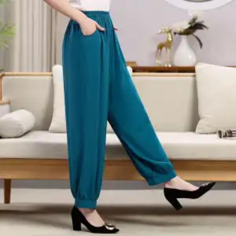 Women's Summer New High Waist Elastic Wide Leg Pants Fashionable Solid Pockets Soft Mosquito Proof Loose Versatile Lantern Pants