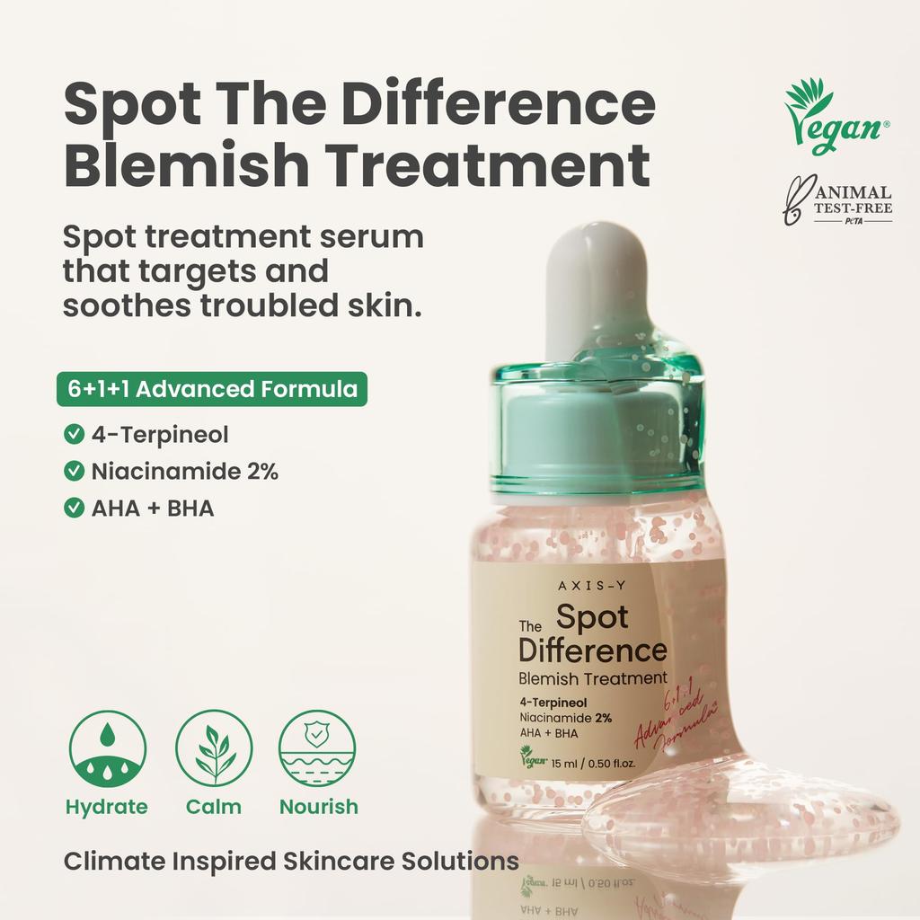 AXIS-Y Spot The Difference Blemish Spot Treatment - 4-Terpineol 2% Niacinamide AHA BHA Soothes Breakouts & Skin Barrier Repair - Vegan Korean Skin
