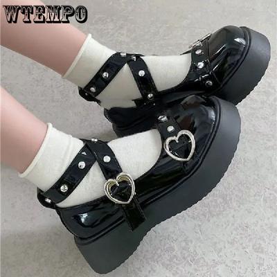 Kobiety obcasy buty Lolita platforma buty Mary Jane Pasek z klamrą w kształcie gwiazdy Mary Janes Kobiety Wiązane krzyżowo Dziewczęce Nity Buty codzienne kawaii