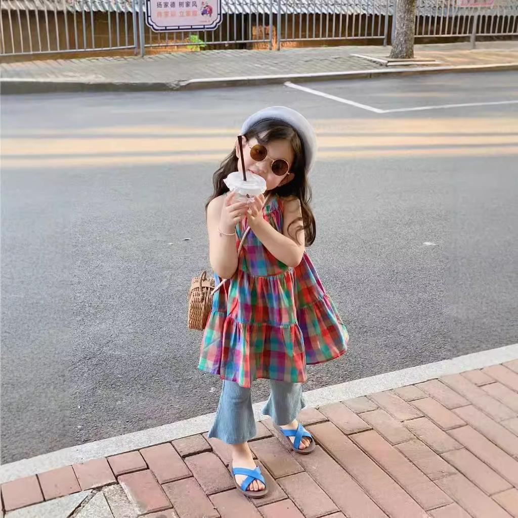 Girls Summer Beach Dress Colorful Plaid Halter Dress