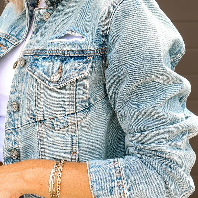 European and American New Broken Hole Denim Coat Ins Casual Fashion Wash Denim Short Coat Women