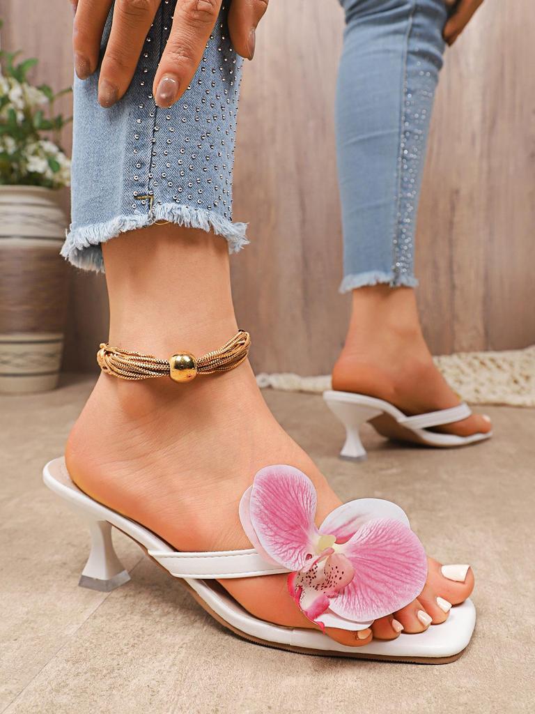 Women's High-Heeled Flip-Flop Sandals, 2025 Summer Collection, Floral Square Toe Design, Thin Heel, Niche Style, In Stock