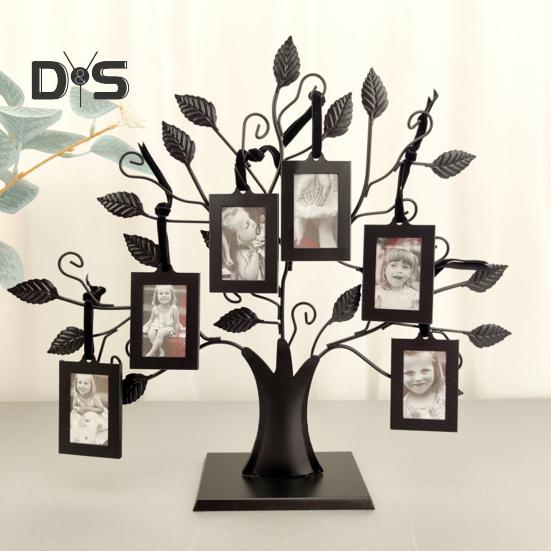 Family Tree Picture Frame Metal Tree Photo Frame Stand with 6 Ornamental 1.77" X 2.56"/2.17" X 3.15" Frames for Wall Table Decor