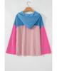 Azura Exchange Pink Color Block Patchwork Corded Knit Loose Fit Hooded Blouse