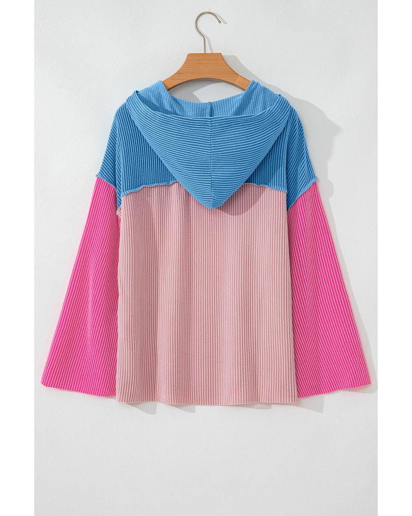 Azura Exchange Pink Color Block Patchwork Corded Knit Loose Fit Hooded Blouse