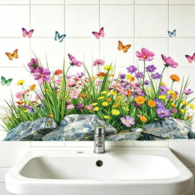 Waterproof Removable Floral Wall Stickers No Residue Adhesive Decals for Sink Area Bathroom Wall Art Decoration
