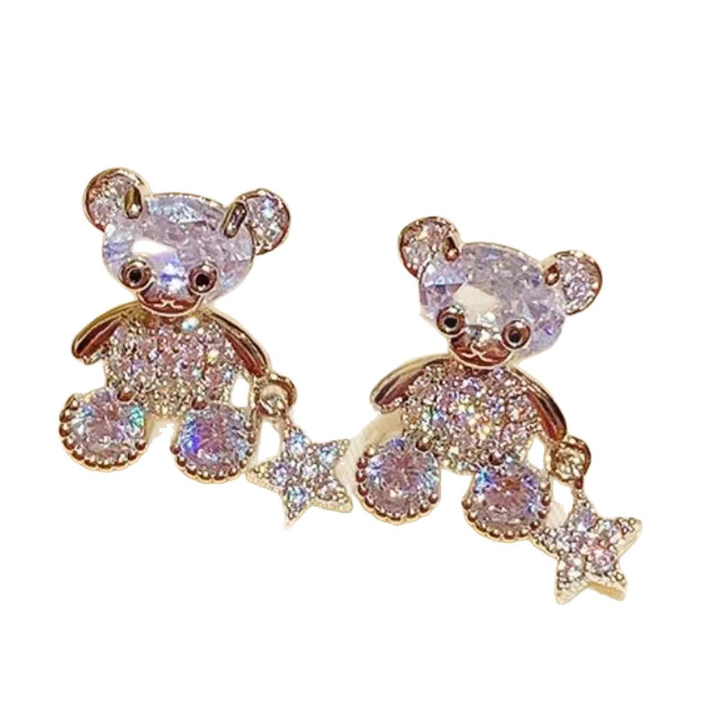 Silver Needle Light Luxury Zircon Oval Bear Earrings Cartoon Creative Personalized Stud Earrings Niche High-end Exquisite Earrings Women