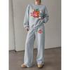 Women's Crewneck Sweatshirt & Drawstring Straight-Leg Pants Set – Cartoon Apple 'TEACHER' Print, Comfortable & Casual