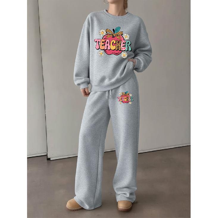 Women's Crewneck Sweatshirt & Drawstring Straight-Leg Pants Set – Cartoon Apple 'TEACHER' Print, Comfortable & Casual