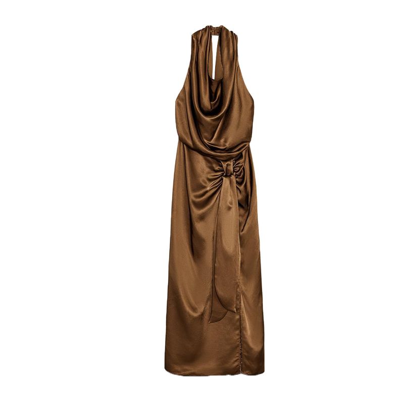

Summer New Product Women s Clothes French Style Open Back Draped Silk Satin Texture Hanging Collar Midi Skirt Dress 3897090 Brown L