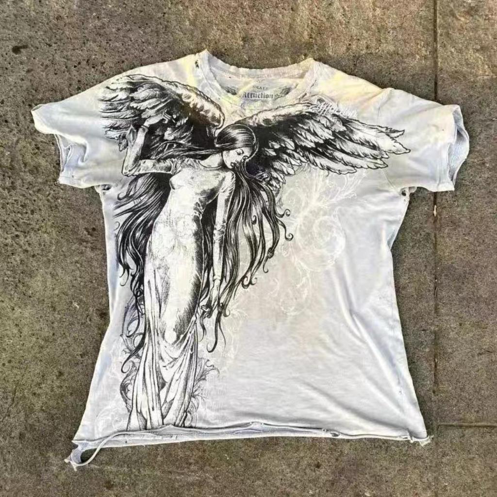 BeatStreet Clássico Estilo Gótico Y2K Estampa Camiseta Oversized Camisetas High Street Góticas Gola Redonda Tops de Algodão Nova Camiseta Masculina Feminina