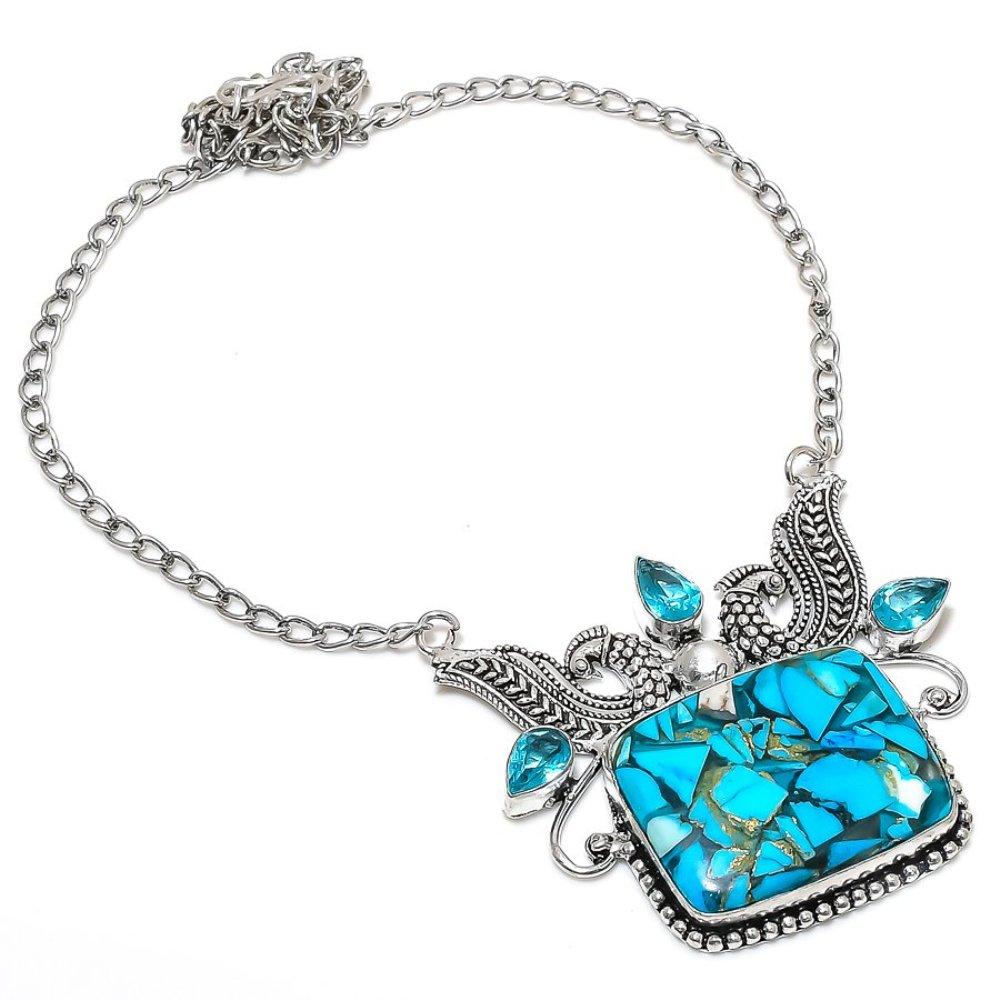 Copper Blue Turquoise, Topaz 925 Sterling Silver Necklace 18" q5V42