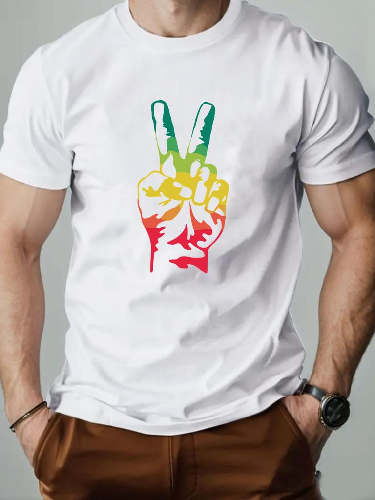 Unisex O Neck Tee Rainbow Peace Hand Gesture Print Cotton Short Sleeve Loose Summer Breathable Daily Casual Basic Wear Top