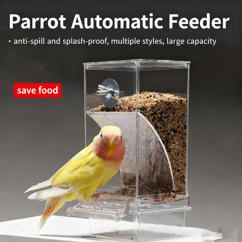 Transparent Parrot Feeder - No-Mess Design with Visible Food Supply Transparent Automatic Parrot Feeder