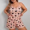 Conjunto de Pijama Feminino Plus Size com Estampa de Corações Top Cropped Sem Mangas com Decote O & Shorts de Cintura Elástica 2 Peças Roupa de Dormir Feminina