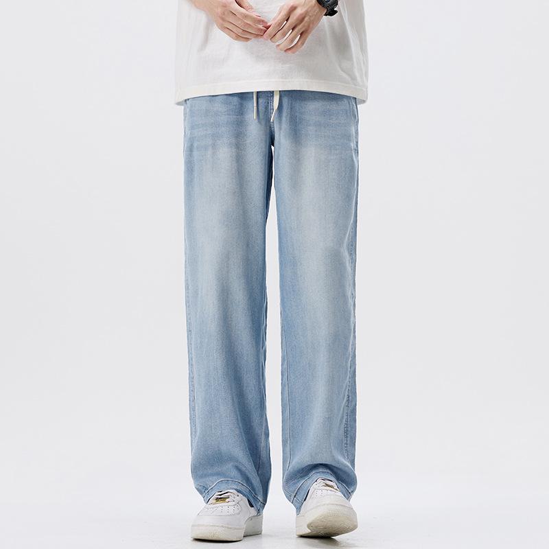Vintage Washed Elastic Waist Jeans Men's Summer Thin Wide-leg Pants