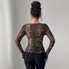 Independent Station Summer Women's Fashion Transparent Leopard Printed Mesh Round Collar Long Sleeve Slim T-shirt Versatile Fashion Shirt