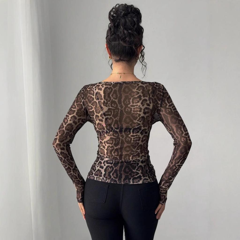 Independent Station Summer Women's Fashion Transparent Leopard Printed Mesh Round Collar Long Sleeve Slim T-shirt Versatile Fashion Shirt
