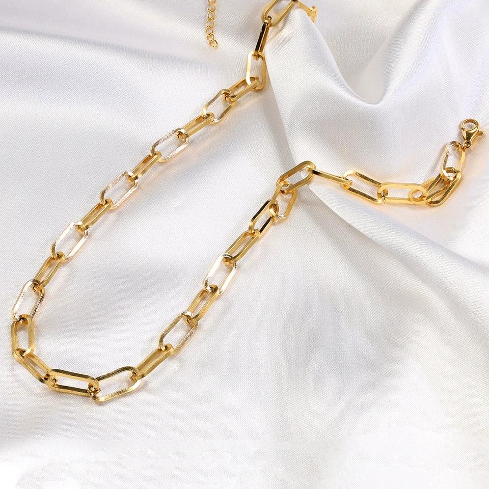 Stainless Steel Paper Clip Chain Oval Buckle Necklace Titanium Steel 18K Gold Electroplated Jewelry SS-054