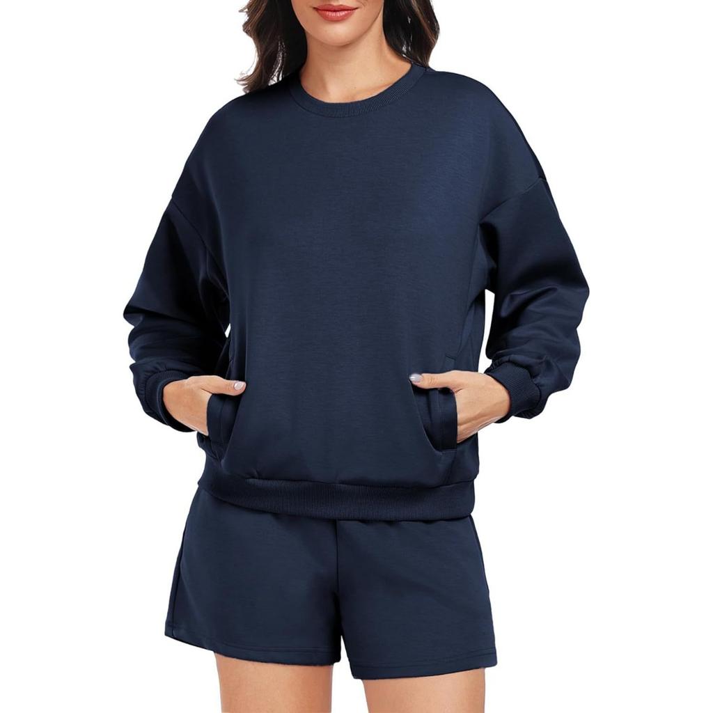 Women's Loose Tracksuit Long Sleeve Sweatshirt Elastic Waist Shorts Casual Loungewear Set