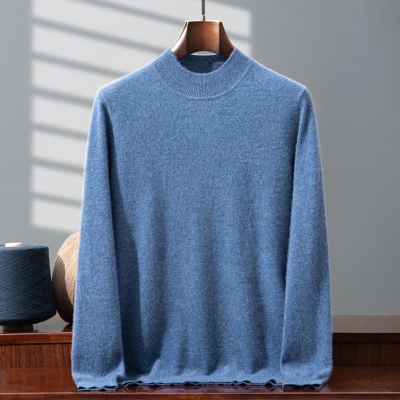 Men's 100% Pure Cashmere Double-Layer Sweater, Semi-High Neck, 2025 Autumn/Winter Thick Knit Base Layer