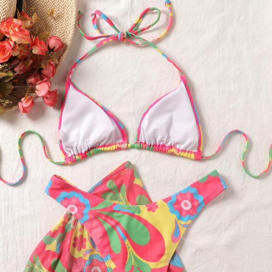 

3 шт./компл. женский купальник на бретельках с бретелькой на шее, с волнистым принтом, сплошной цвет, кружево