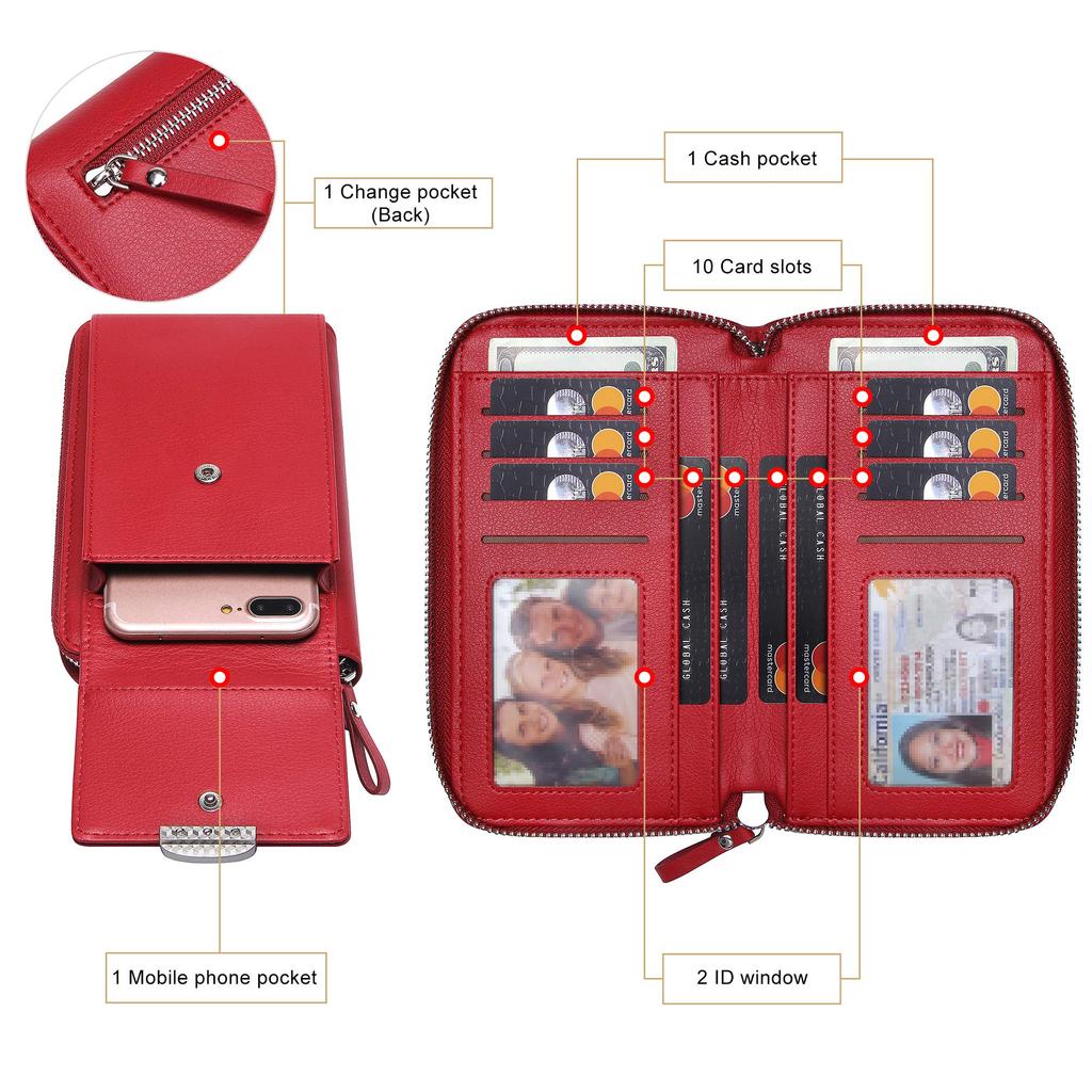 Kukoo Small Crossbody Bag Mobile Phone Wallet with Credit Card Slot for Women US Red Size One_size Color