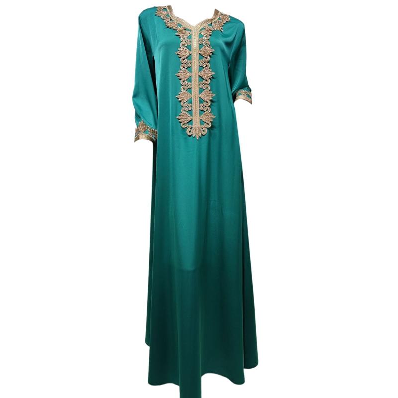 Ramadan Muslim Gold Embroidery Dresses Abayas Dubai Casual Kaftan Robe Ethnic Costumes with Long Sleeve for Womens