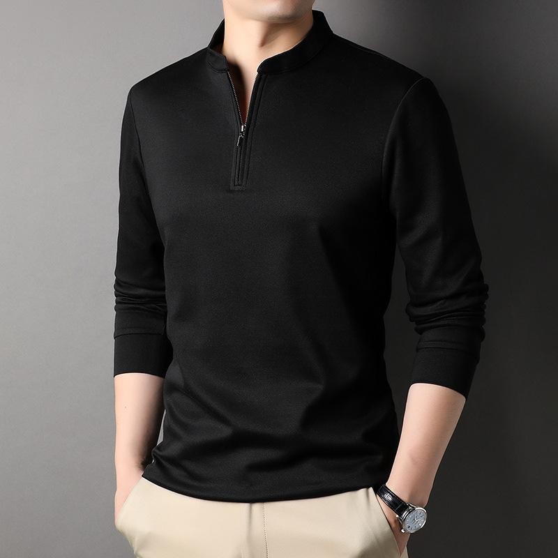 Autumn Zipper Stand Collar Men's T-shirt for Young and Middle-aged People Casual Solid Color Thin Cotton Long-sleeved Bottoming Shirt Men's Sweatshirt