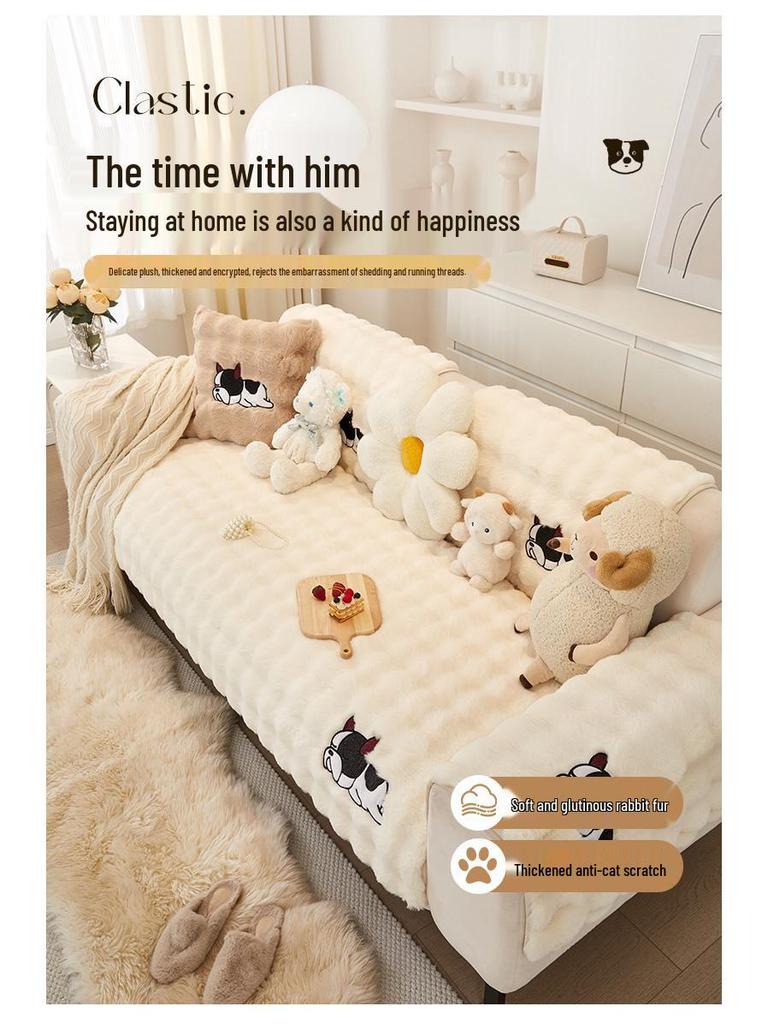 Large Rabbit Fur Plush Sofa Cushion - Winter 2025 Fleece Lined, Thickened, Non-Slip Leather Cover