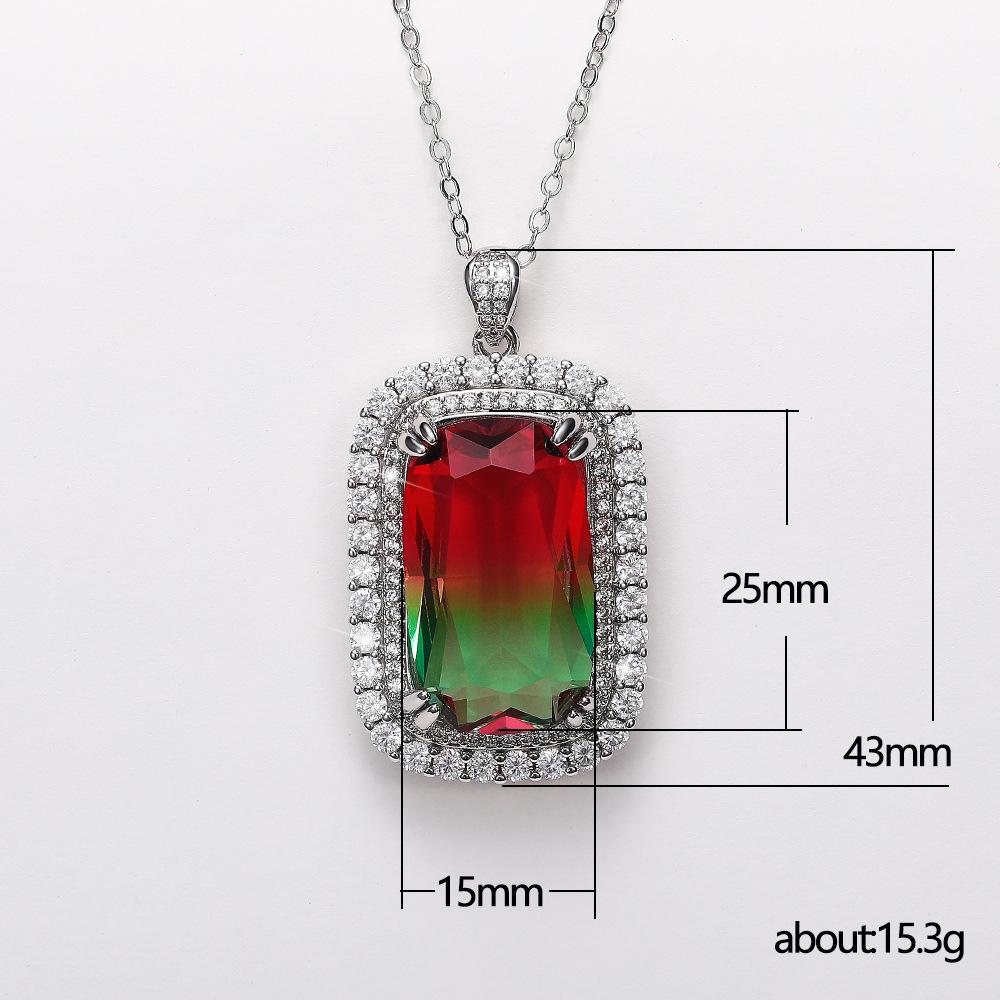 Silver Plated Emerald Cut Gradient CZ Pendant Necklace, Double Halo Cable Chain Necklace for Women
