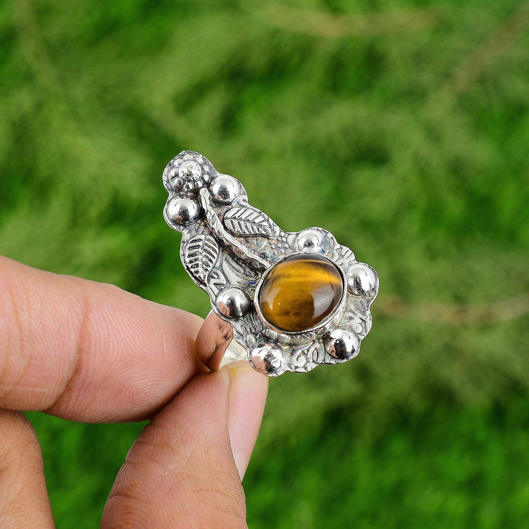 

Sterling Silver Tiger s Eye Gemstone Flower Solitaire Anniversary Ring Jewelry Adjustable